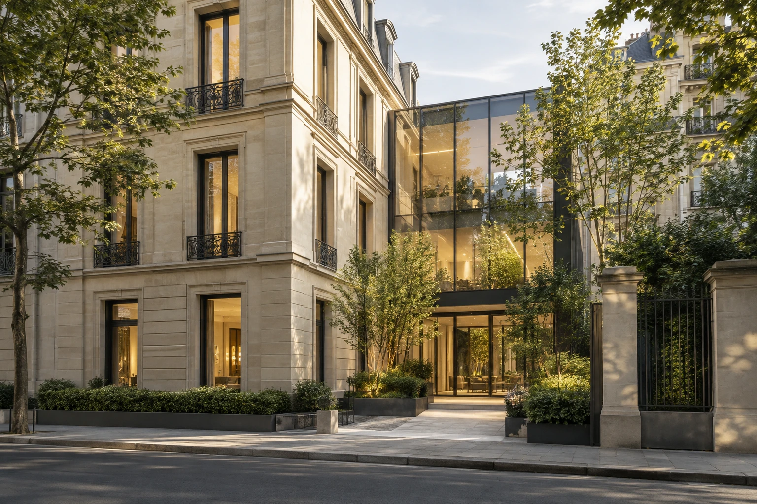Illustration générée par IA : façade en pierre et extension vitrée d’un bâtiment imaginaire.